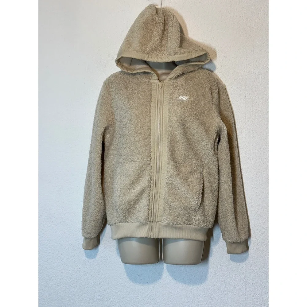 Nike Kids Girls Sherpa Fleece Full Zip Hoodie Sanddrift Beige FJ6019-126 XL